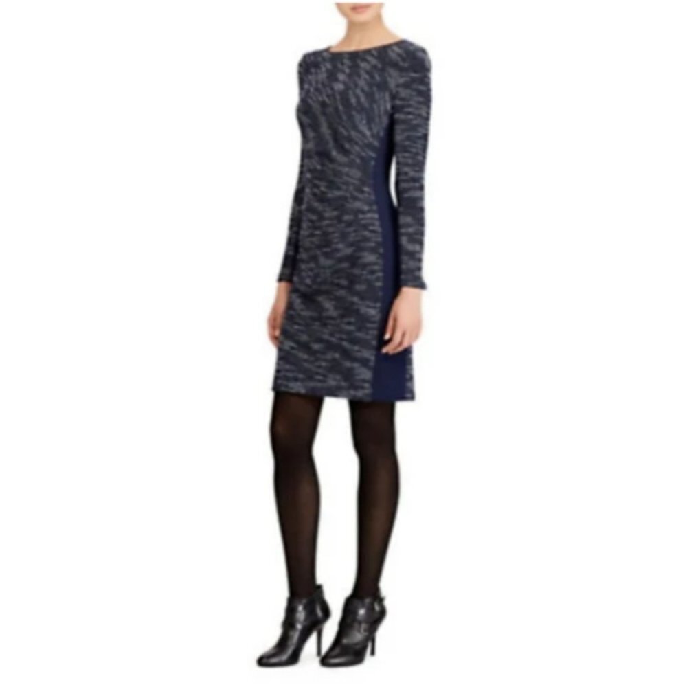 New Ralph Lauren Navy Blue Tweed And Jersey Panel Dress Size 12 Office Career